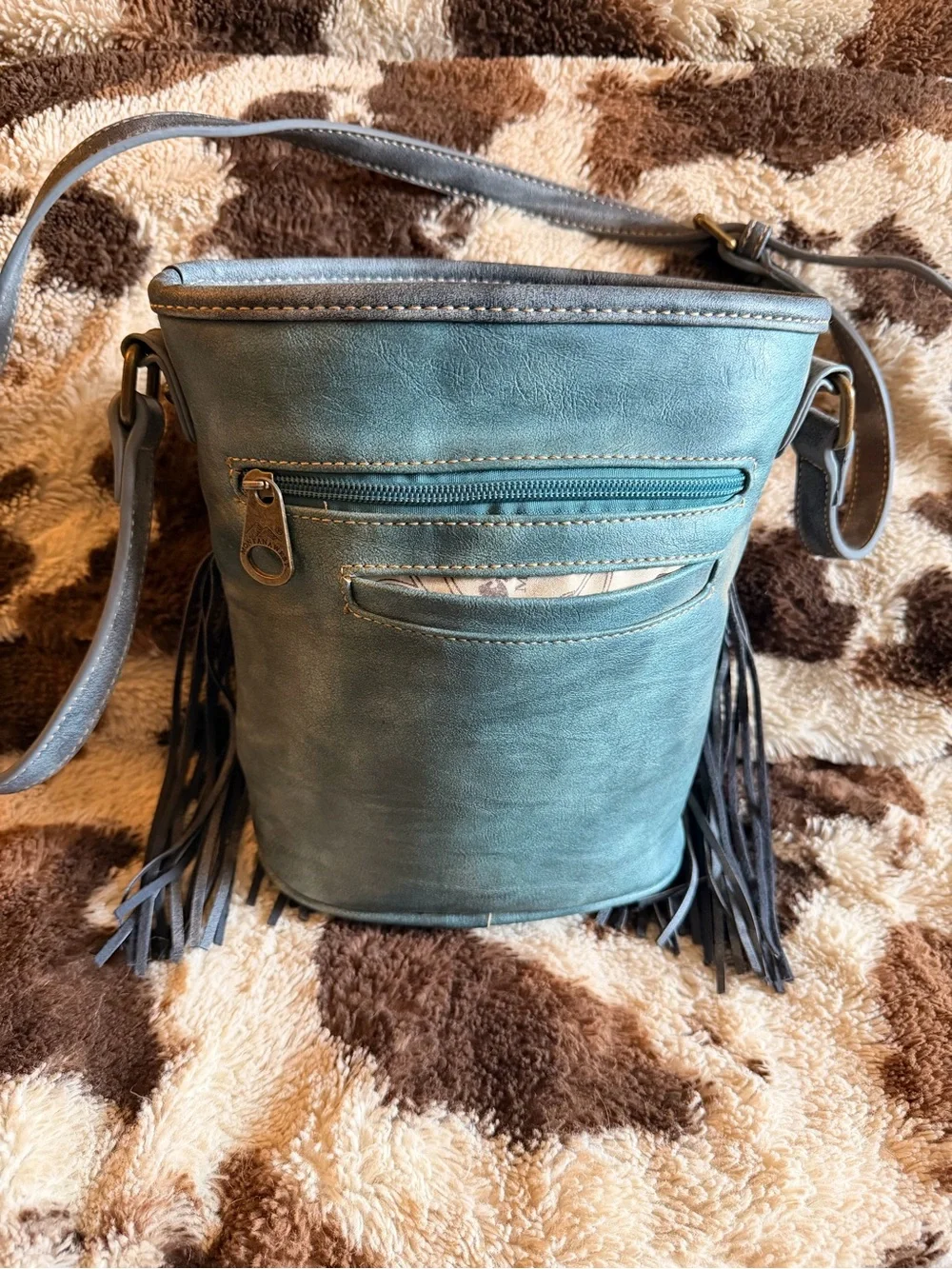 Montana West Teal Fringe Crossbody Bag with Gold Stud Accents